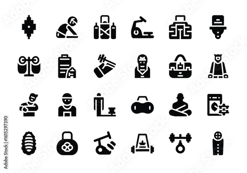 Vector art of a collection of fitness, sport, and lifestyle icons representing various activities and equipment