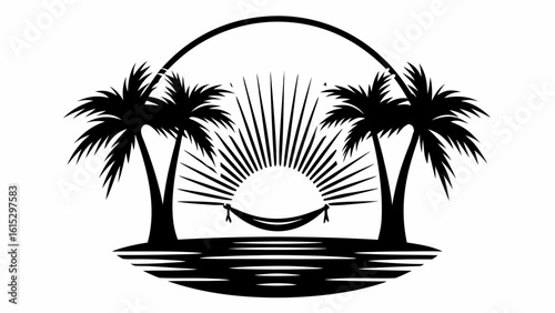 Silhouette of a tropical beach scene with palm trees hammock sun rays and ocean waves under an arch frame