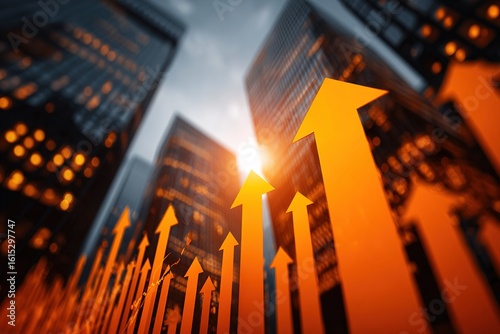 Successful growth companies. Booming economy and good business performance. Many arrows on background of many graphs and tall buildings. High quality