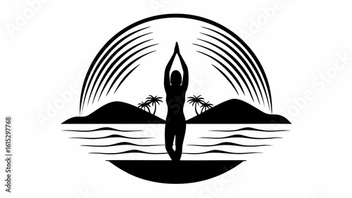 Silhouette of a person in yoga pose on a beach with palm trees under an arched design in black and white style