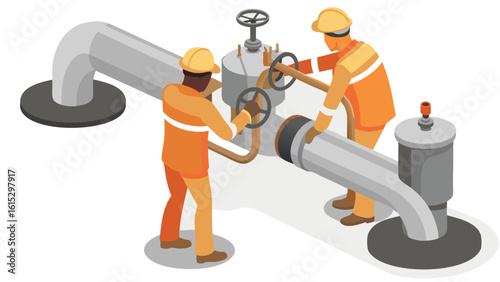 Two workers in orange uniforms operating valves on a large industrial pipeline structure system