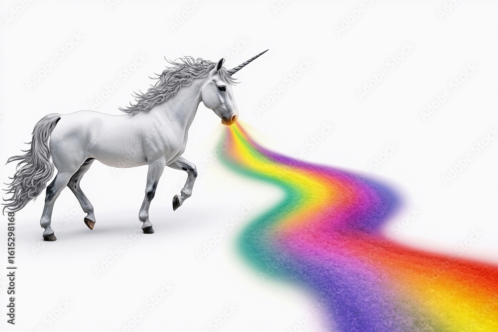 Obraz premium Unicorn gracefully gallops through the sky, leaving a vibrant rainbow trail illuminated by sunlight