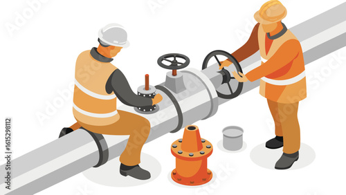 Two workers in safety gear operating valves on a large industrial pipeline installation process at work site