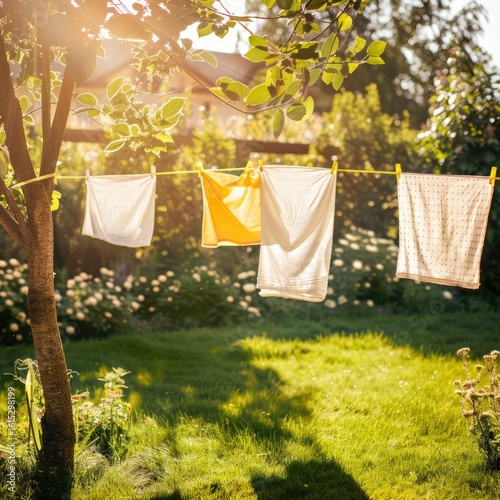 Sun-kissed Laundry Line Clothes Drying Outdoors on a Sunny Day