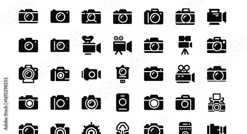 Vector art of collection of various camera and video camera icons representing photography equipment