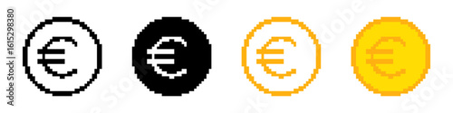 Coin pixel icon. Euro coins collection. Pixel art.