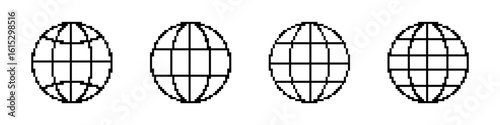 Website pixel icons set. Web, world, earth, planet, globe. Pixel art.
