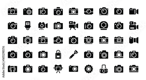 Vector art of a diverse collection of camera icons representing various photographic equipment and styles in black