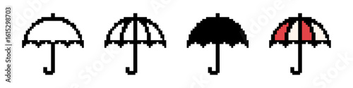 Umbrella pixel icons set. Rain, weather, meteorology, insurance. Pixel art.
