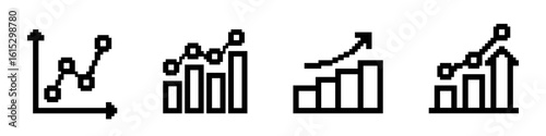 Data analysis pixel icons set. Profit graph, data science, analytics, business analysis. Pixel art.