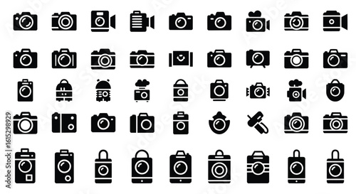 Vector art of an extensive collection of black camera icons showcasing various styles and models, perfect for photography and videography related digital content
