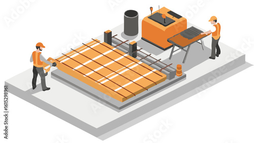 Isometric view of construction workers preparing a concrete slab with rebar reinforcement grid