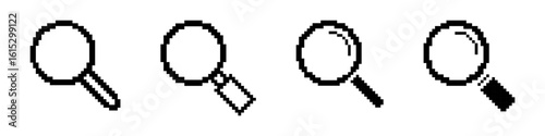 Search pixel icons set. Magnifying glass, loupe, magnifier. Pixel art.