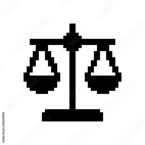 Scale pixel icon. Scales of justice, vintage scale in balance and equilibrium, libra. Pixel art.