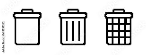 Trash bin pixel icons set. Trash can, dustbin, recycle symbol. Pixel art.