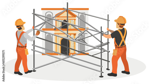 Two construction workers assembling scaffolding in front of a building under renovation project site