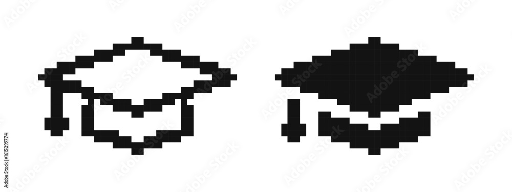 Fototapeta premium Graduation cap pixel icons set. Student hat, academic cap, education symbol. Pixel art.