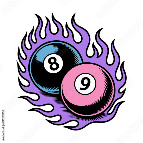 Billiard Balls Eight And Nine With Purple Flame Illustration