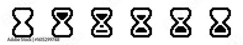 Hourglass pixel icons set. Sand watchtime management, sandglass timer. Pixel art.