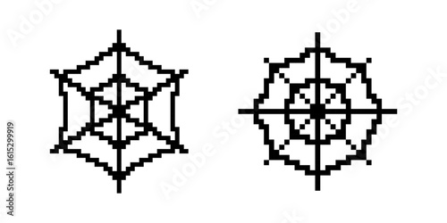 Spiderweb pixel icons set. Sticky trap of intertwining dangerous vector lines, cobweb. Pixel art.