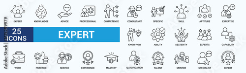 Expert icon set. Containing advice, competence, expertise, knowledge, skill, specialist, experience and more. Outline vector icons collection.
