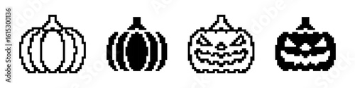 Pumpkin pixel icons set. The main symbol of the Happy Halloween holiday. Pumpkin with smile. Pixel art.