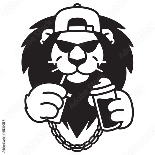  Black and white vector illustration of an anthropomorphic lion drinking a slushie through a straw.