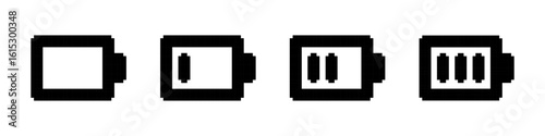 Battery pixel icons set. Charge level, charging indicator, energy. Pixel art.