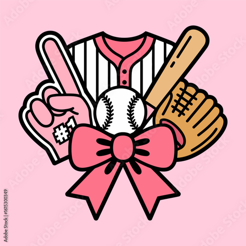 Cute Pink Baseball Fan Illustration with Bow