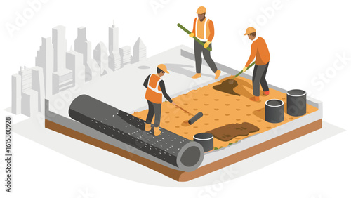 Isometric view of construction workers applying waterproofing membrane on a rooftop with city skyline