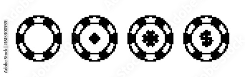 Poker chips pixel icons set. Casino poker chip symbols with star, lucky sign, dollar or empty. Pixel art.