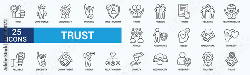Trust icon set. Containing confidence, credibility, promise, trustworthy, friends, truth, faith, sincerity and honesty. Vector Outline icons collection.