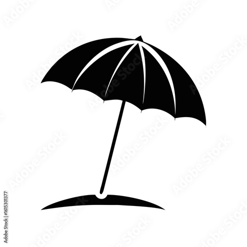 Beach Umbrella Icon in Minimalist Silhouette-Black and white vector illustration of a beach umbrella stuck in sand, representing summer, vacation, and outdoor relaxation.