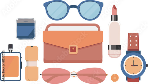 Collection of women's accessories including sunglasses lipstick handbag and watch fashion