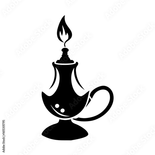Vintage oil lamp with flame silhouette icon-Black and white illustration of a classic oil lamp with a flame, representing antique lighting, warmth, and old-fashioned decor.