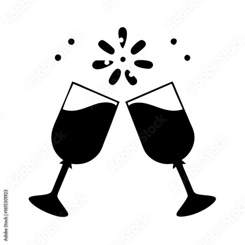 Clinking wine glasses with splash icon-Black and white illustration of two wine glasses toasting with splash effect, symbolizing celebration, party, or festive cheers.