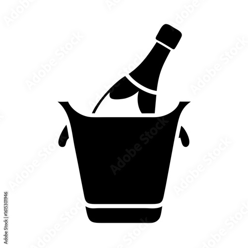 Champagne bottle in ice bucket icon-Minimal black and white silhouette of a single champagne bottle chilling in an ice bucket, representing luxury, celebration, and drinks.