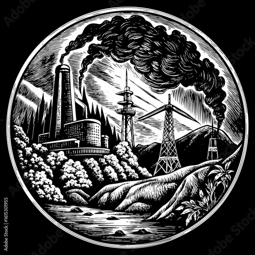 Industrial Landscape with Smokestacks and Power Lines.