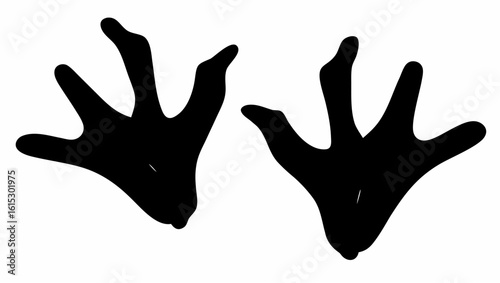 Two black paw prints with four digits each displayed on a white background in a simple graphic style silhouette