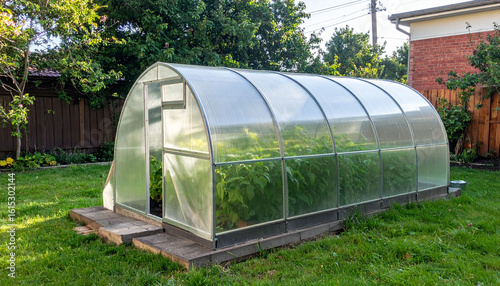the image depicts a greenhouse situated on a green lawn in a backyard setting. the structure is made of see through panels with a rounded roof and a silver colored framework