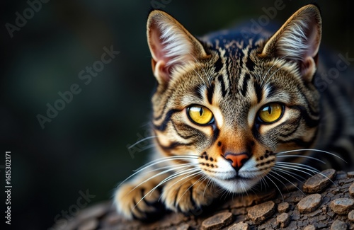 Close-up of a wildcat with piercing yellow eyes resting on a log in natural outdoor setting