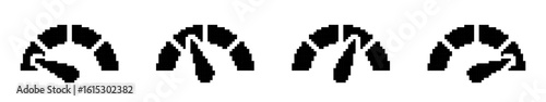 Speedometer pixel icons set. Speed indicator, Internet or car speed. Pixel art.