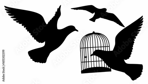 Silhouette of birds flying around a birdcage with one bird inside on a white background with freedom theme