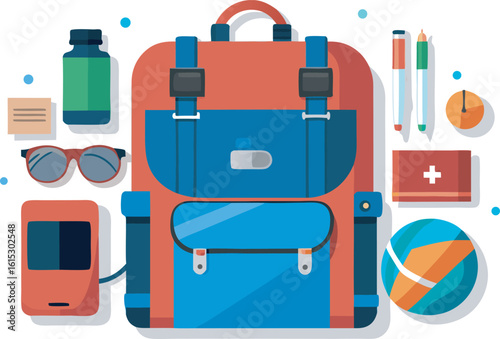 Red and blue backpack with travel essentials and accessories vacation luggage