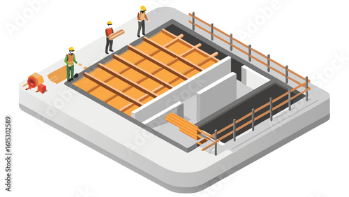 Isometric view of construction site with workers placing wooden beams on the foundation floor
