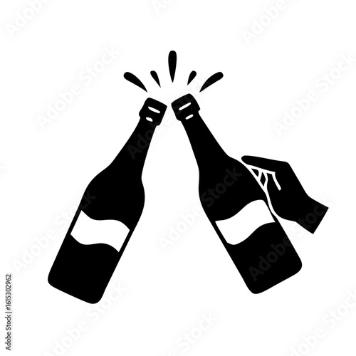 Two beer bottles clinking in celebration silhouette-Black silhouette icon of two beer bottles clinking with splash, symbolizing celebration, cheers, friendship, and festive gatherings.