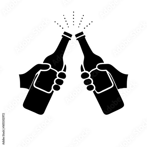 Clinking beer bottles silhouette for celebration-Black silhouette icon of two hands clinking beer bottles together, symbolizing celebration, friendship, parties, and festive cheers.