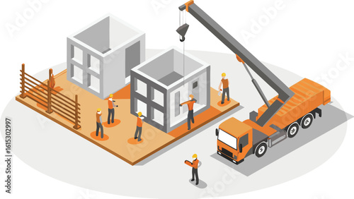 Isometric view of a construction site with workers and a crane lifting a modular building unit