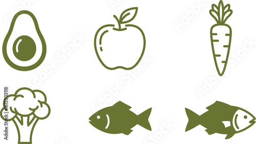 Healthy food icons vector illustration of avocado apple carrot broccoli and fish for nutrition diet 95