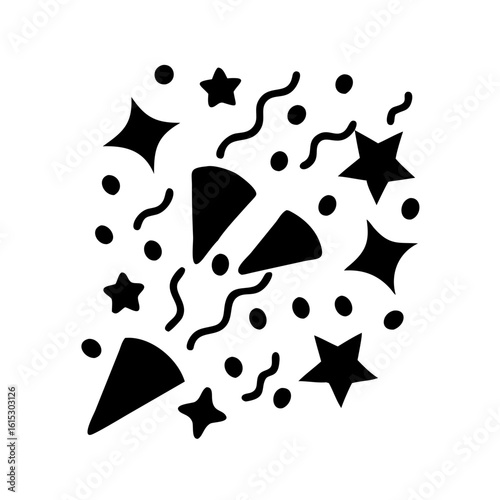 Multiple party poppers exploding with confetti and stars-Black silhouette illustration of several party poppers releasing stars, streamers, and confetti, symbolizing excitement, fun, and festive cele